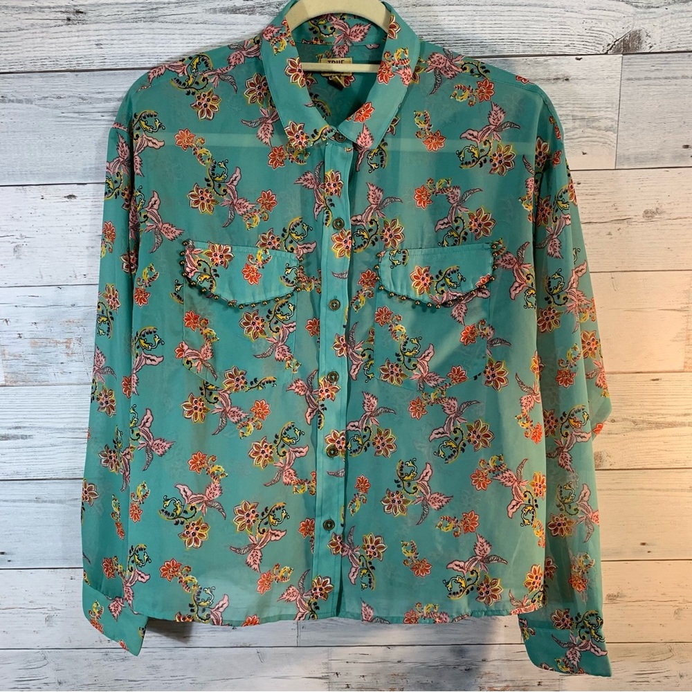 True Craft Floral Sheer Button Up Boho Blouse